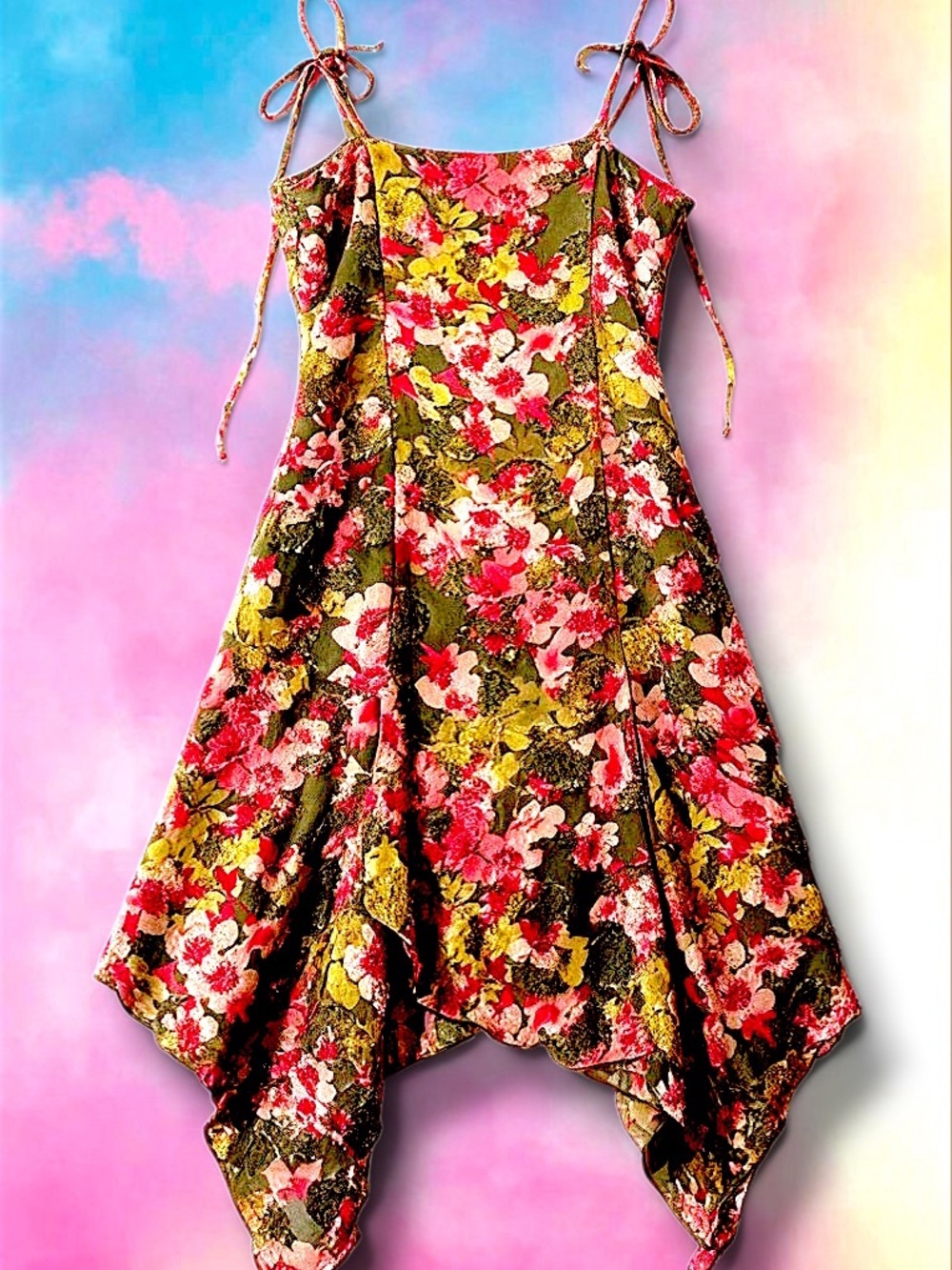 dELiA*s Floral Tie-Shoulder Handkerchief Midi Dress in Pink, Green, Yellow